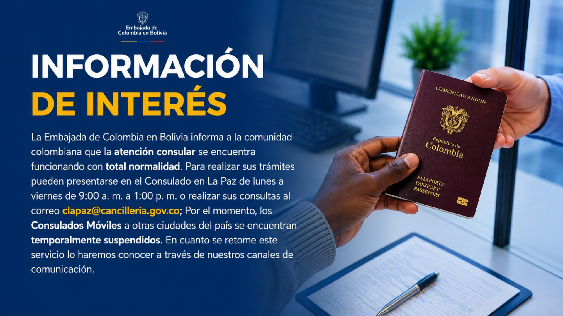 La Embajada de Colombia en Bolivia informa que la atención consular funciona con normalidad