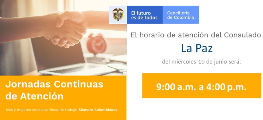 El 19 de junio se  realizará la Jornada Continua de Atención en el Consulado de Colombia La Paz